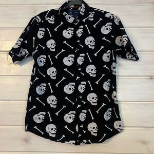 Rugby University Black Skull Print Men's Shirt Size Medium Goth Concert Button